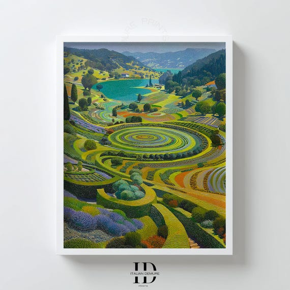 Colorful Landscape Wall Art Abstract Terrace Fields Print Whimsical Rolling Hills Vibrant Farm View Country Poster
