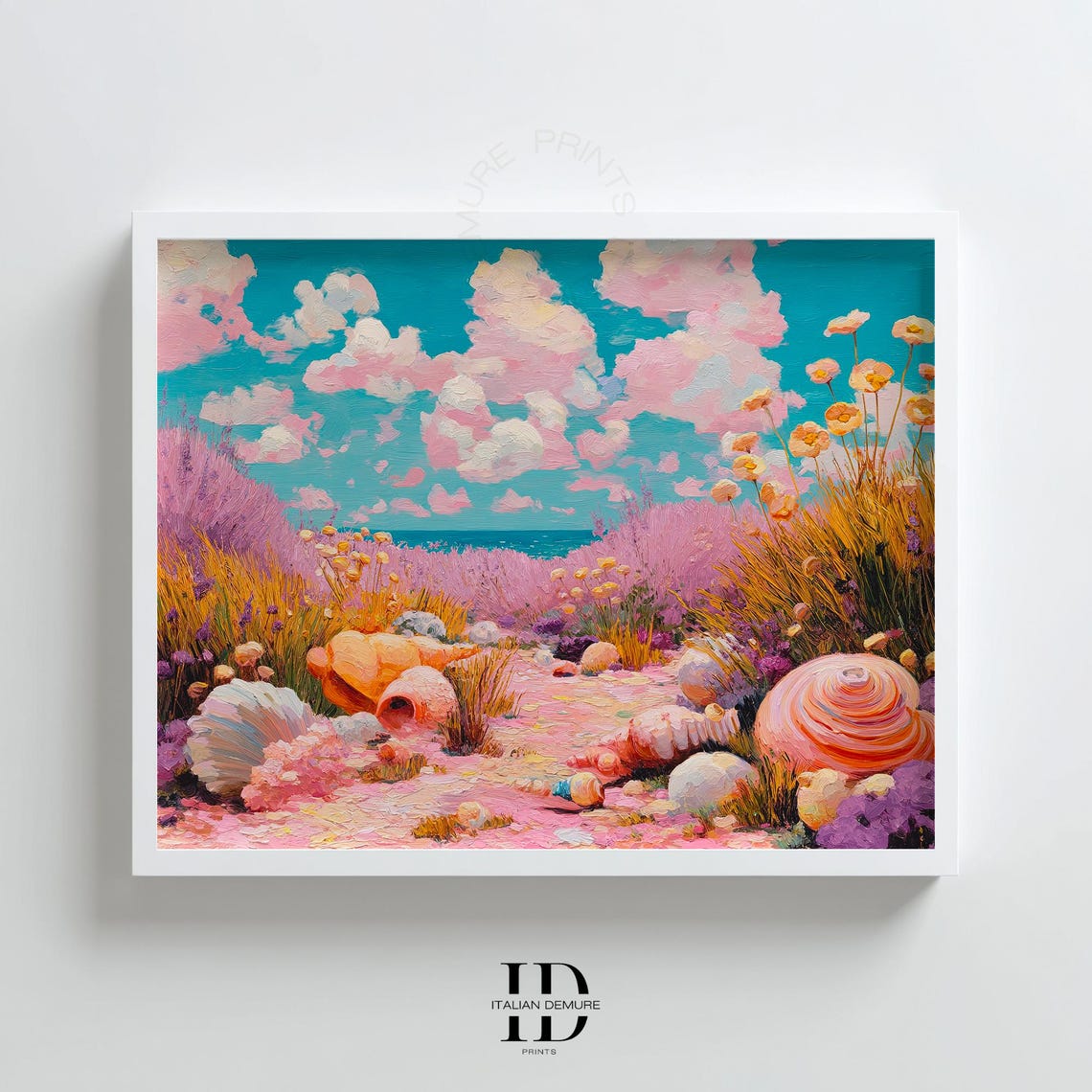 Dreamy Seashell Beach Pink Sky Impasto Coastal Painting Poster