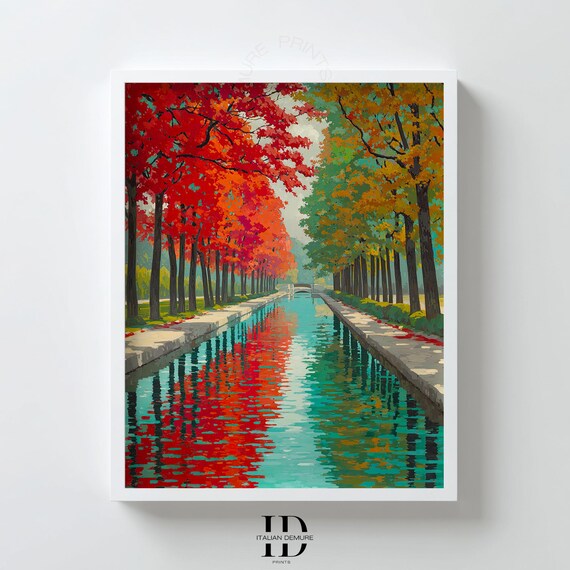 Autumn Canal Wall Art Red Maple Tree Print Impressionist Park Landscape Colorful Fall Reflection Modern Decor Poster