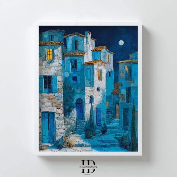 Blue Mediterranean Village Wall Art Moonlit Stone House Print Abstract Nighttime Architecture Decor Cityscape Painting
