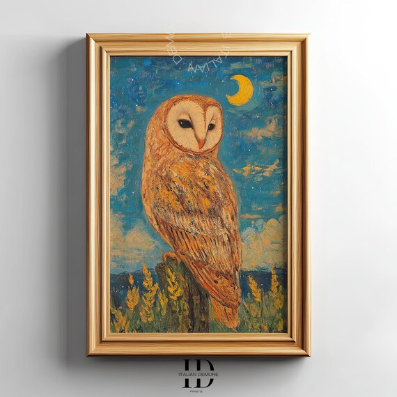 Barn Owl Wall Art Nocturnal Bird Print Starry Night Animal Painting Decor Moonlit Nature Instant
