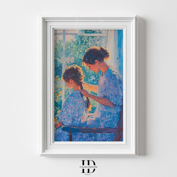 Mother Braiding Daughter Hair Tender Impressionist Window Poster