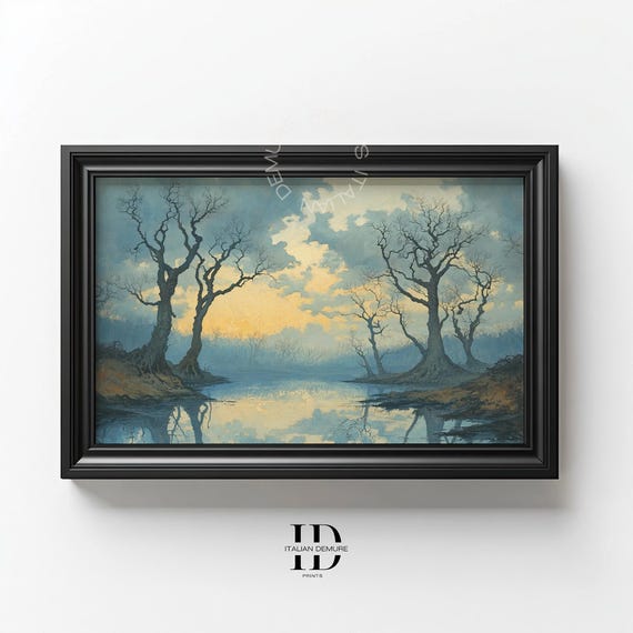 Misty Forest Reflection Wall Art Moody Landscape Painting Bare Trees Decor Nature Poster Foggy Lake