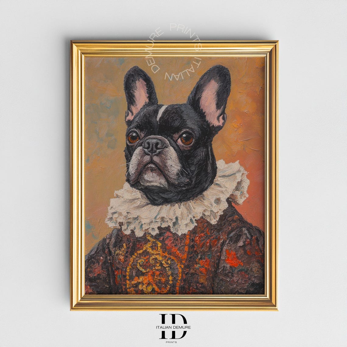 French Bulldog in Renaissance Ruff Costume Oil Portrait Poster