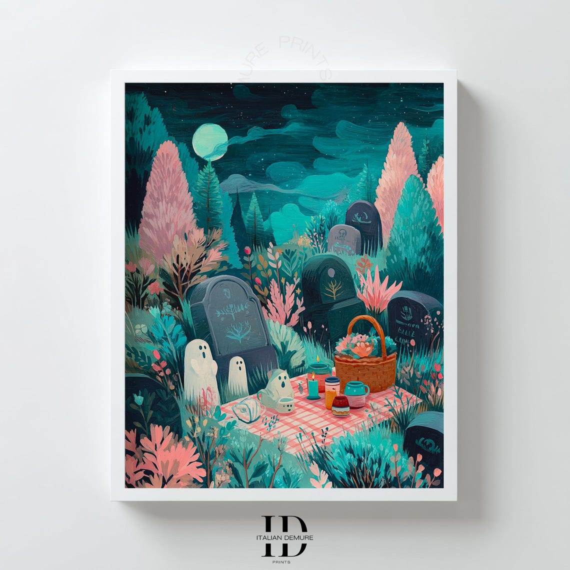 Cute Ghosts Picnicking In Moonlit Cemetery Spooky Night Poster