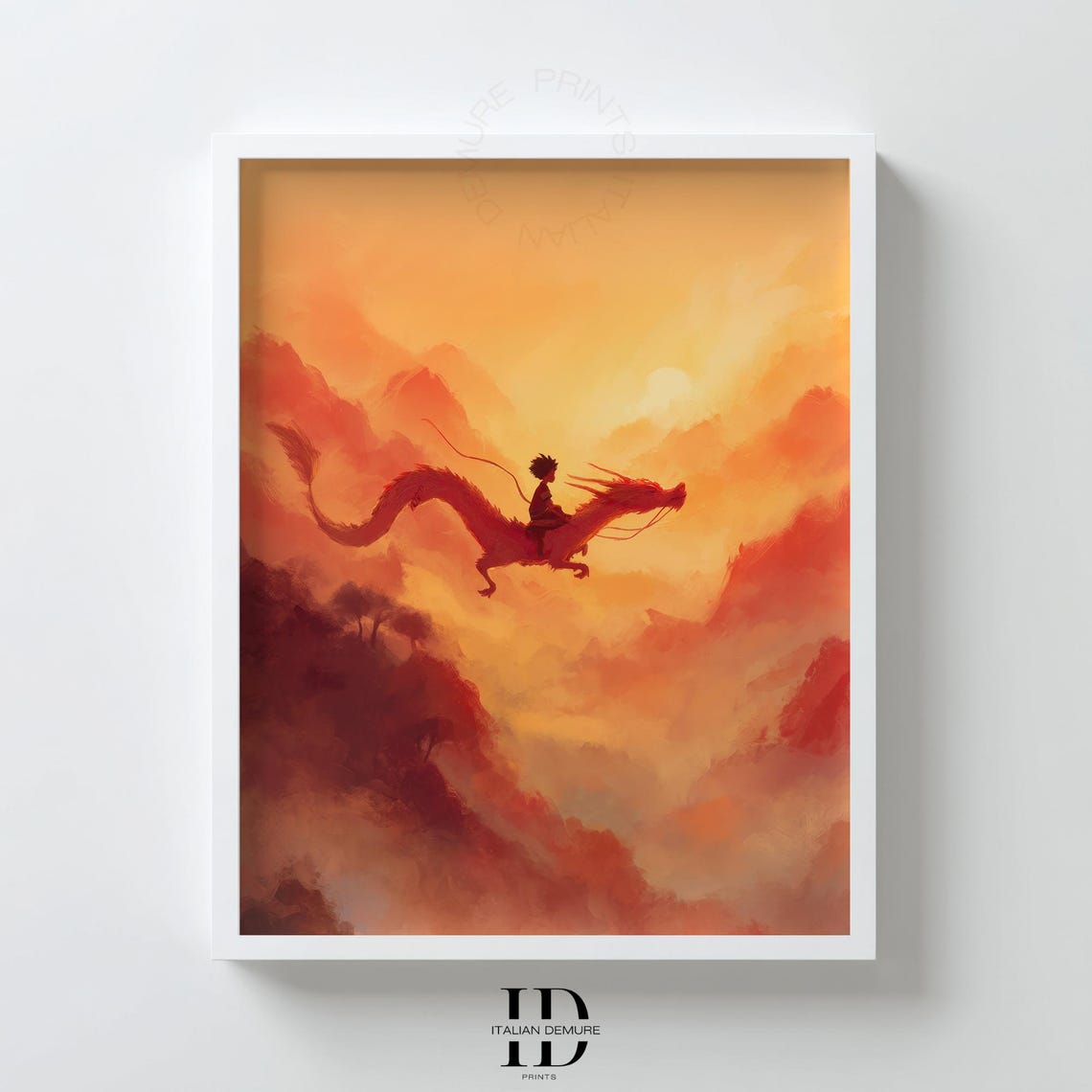 Boy Riding Red Dragon Fiery Orange Fantasy Cloudscape Poster