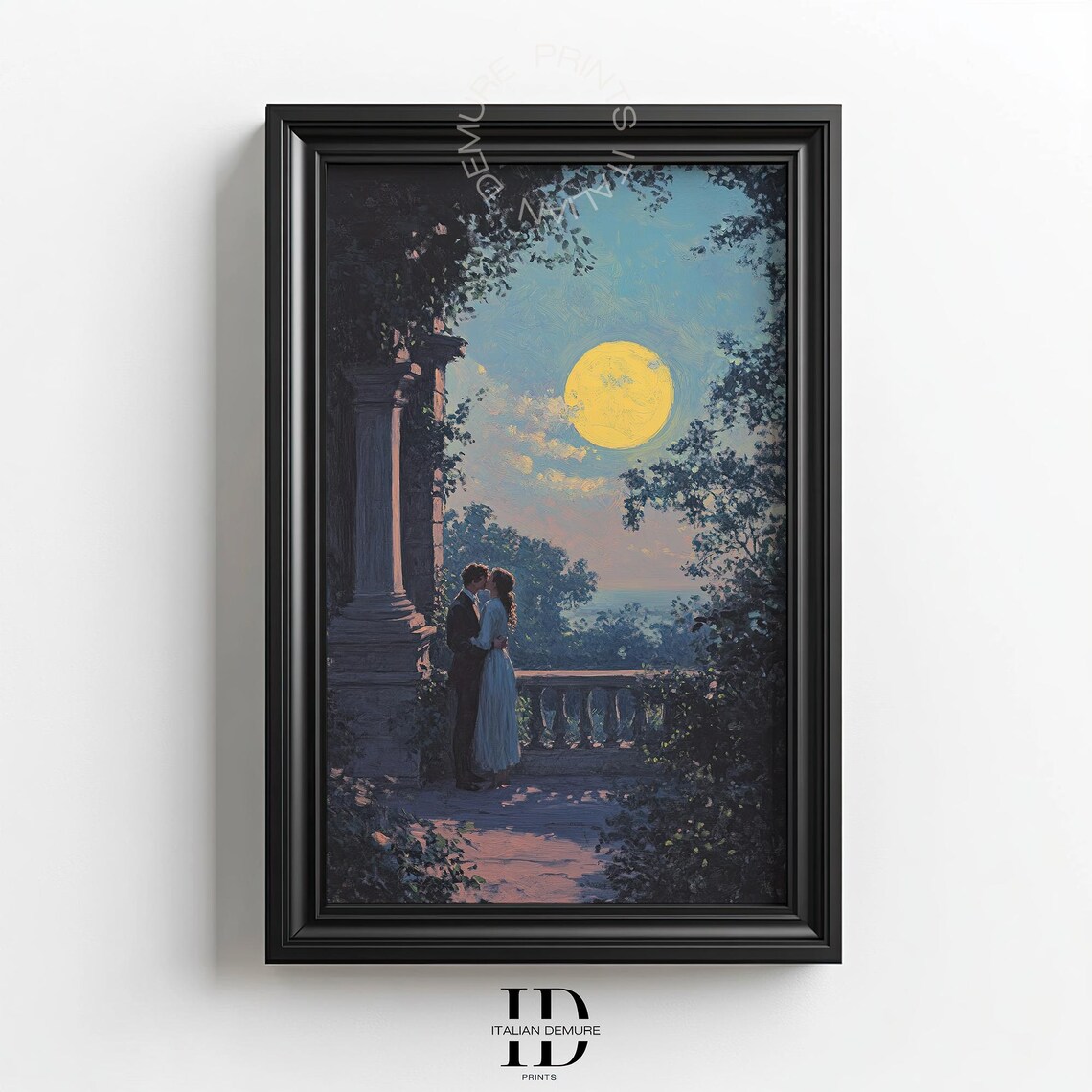 Romantic Moonlit Terrace Couple Embrace Vintage Painting Poster