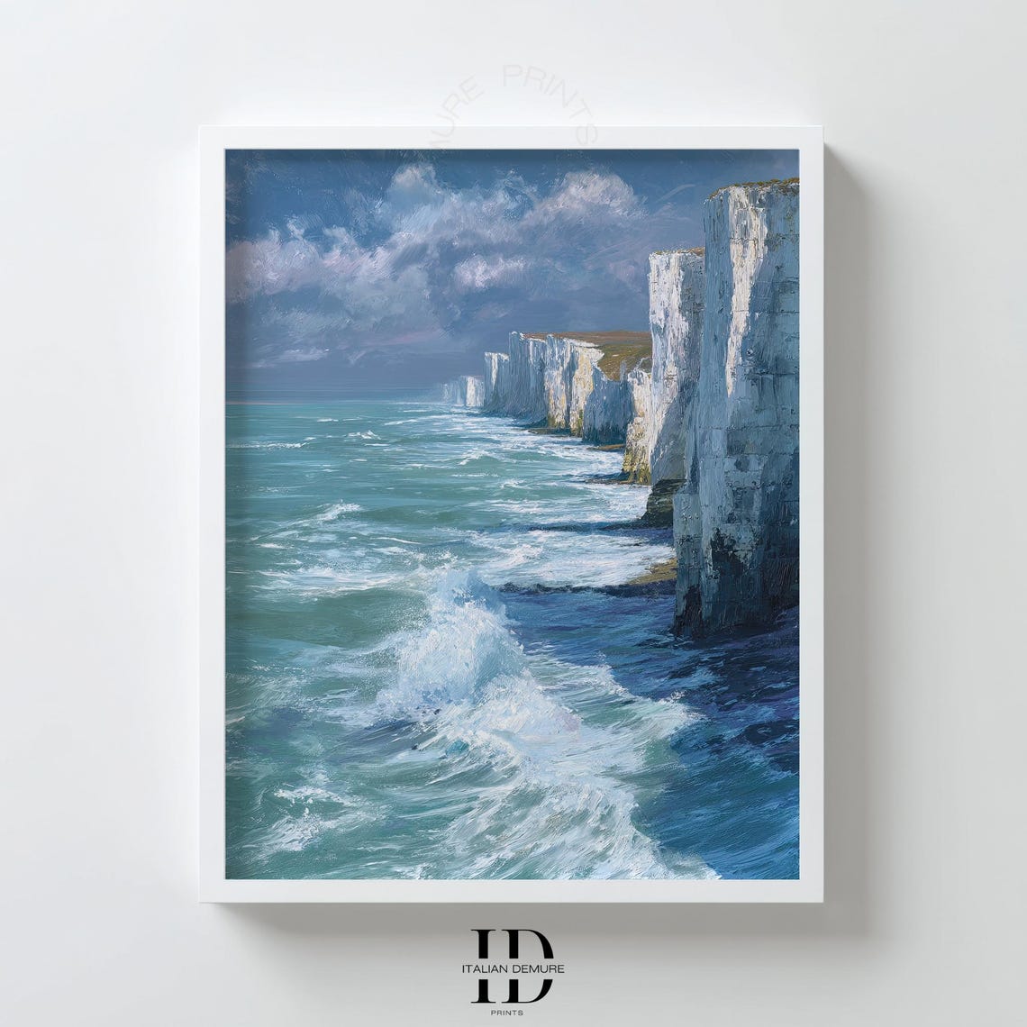 White Cliffs Towering Over Ocean Waves Dramatic Seascape Art Print