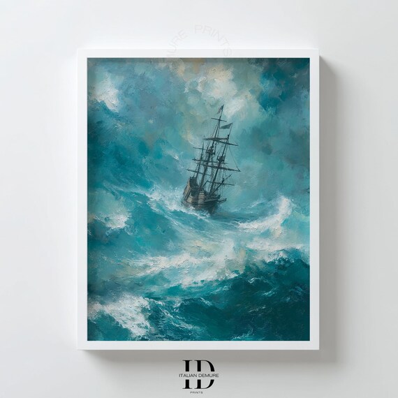Old Tall Ship Battling Stormy Teal Sea Waves Nautical Art Print