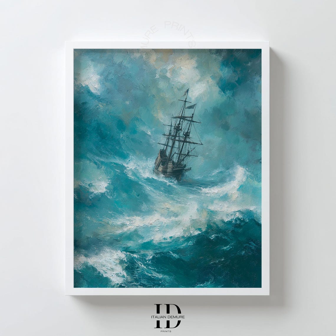 Old Tall Ship Battling Stormy Teal Sea Waves Nautical Art Print