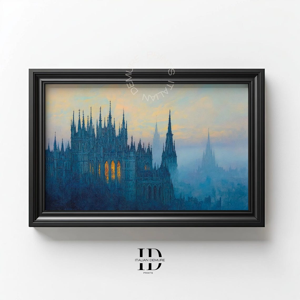 Gothic Cathedral in Blue Morning Mist Glowing Windows Art Poster