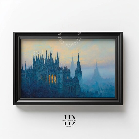Gothic Castle Wall Art Fantasy Architecture Print Paint Mystical Cathedral Fog Dark Academia Decor Dreamy Cityscape Poster
