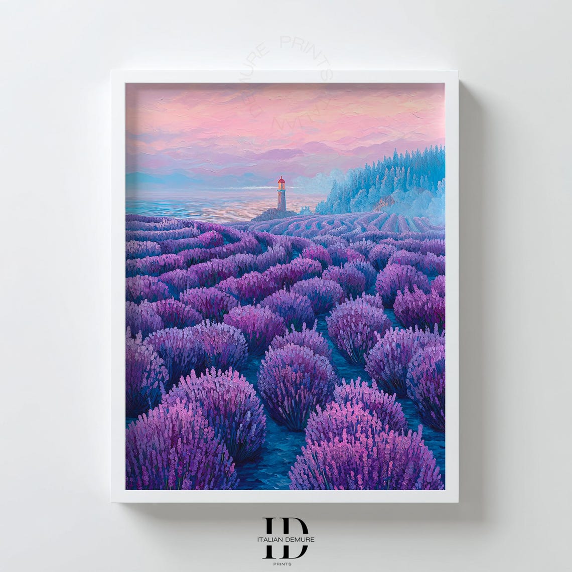 Lavender Field at Dusk with a Lighthouse Pink Sky Coastal Art Poster