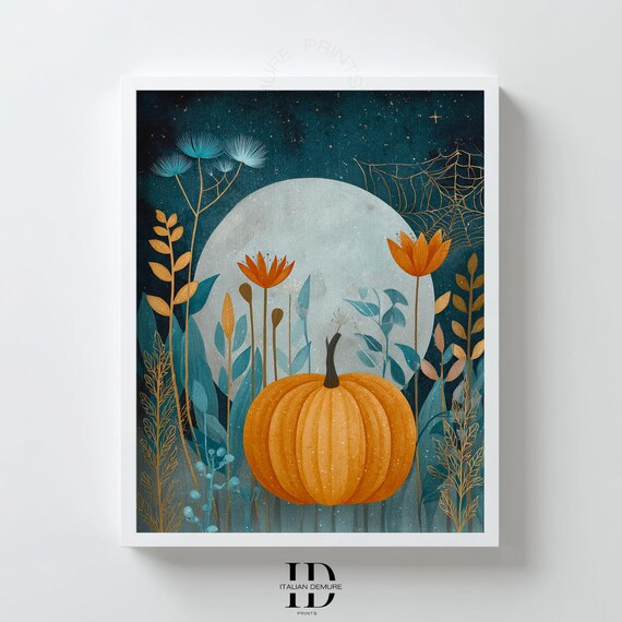 Pumpkin Moon Wall Art Whimsical Botanical Print Teal Night Sky Illustration Autumn Halloween Decor Rustic Fall Poster