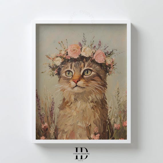 Floral Crown Tabby Cat Portrait Whimsical Pastel Oil Style Poster