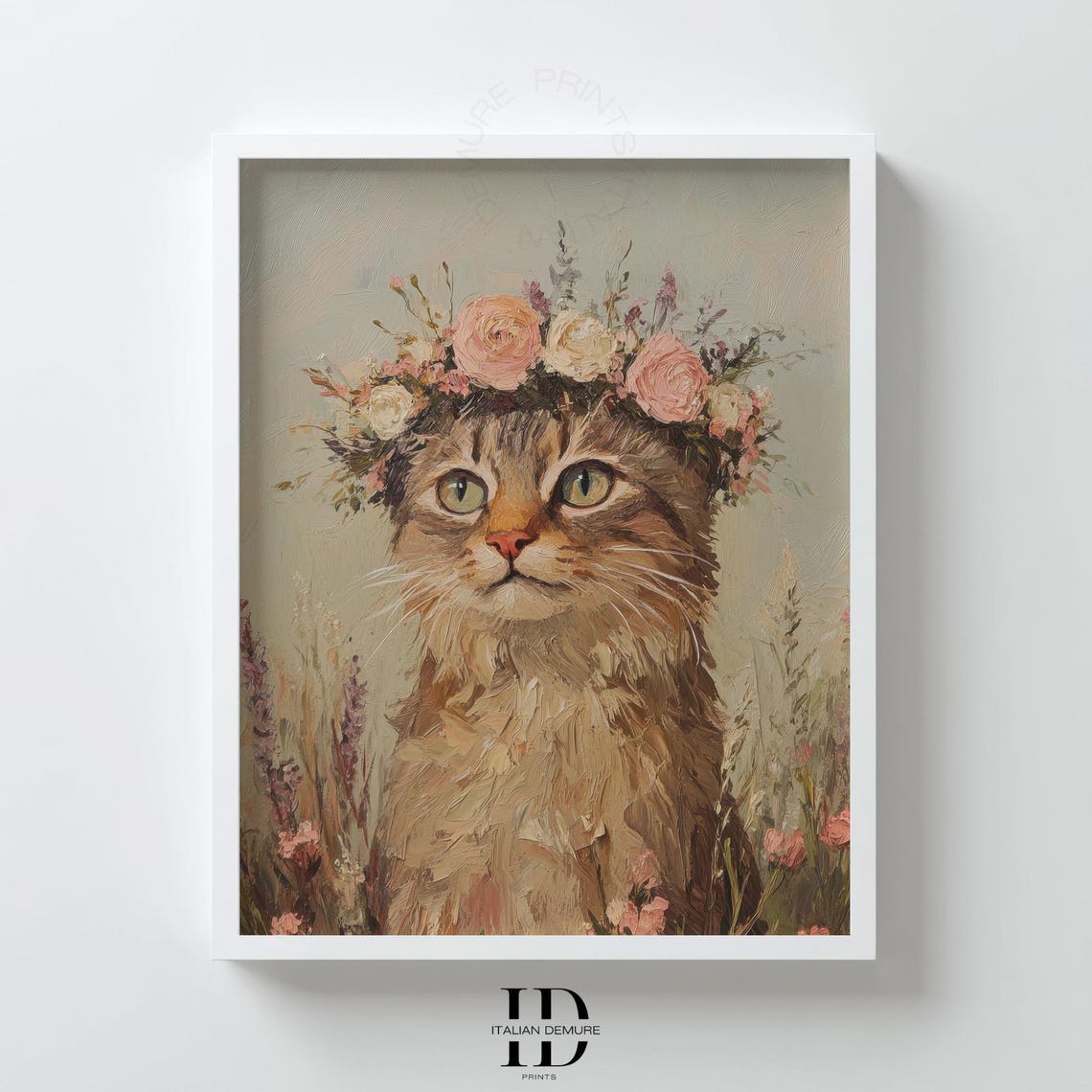 Floral Crown Tabby Cat Portrait Whimsical Pastel Oil Style Poster