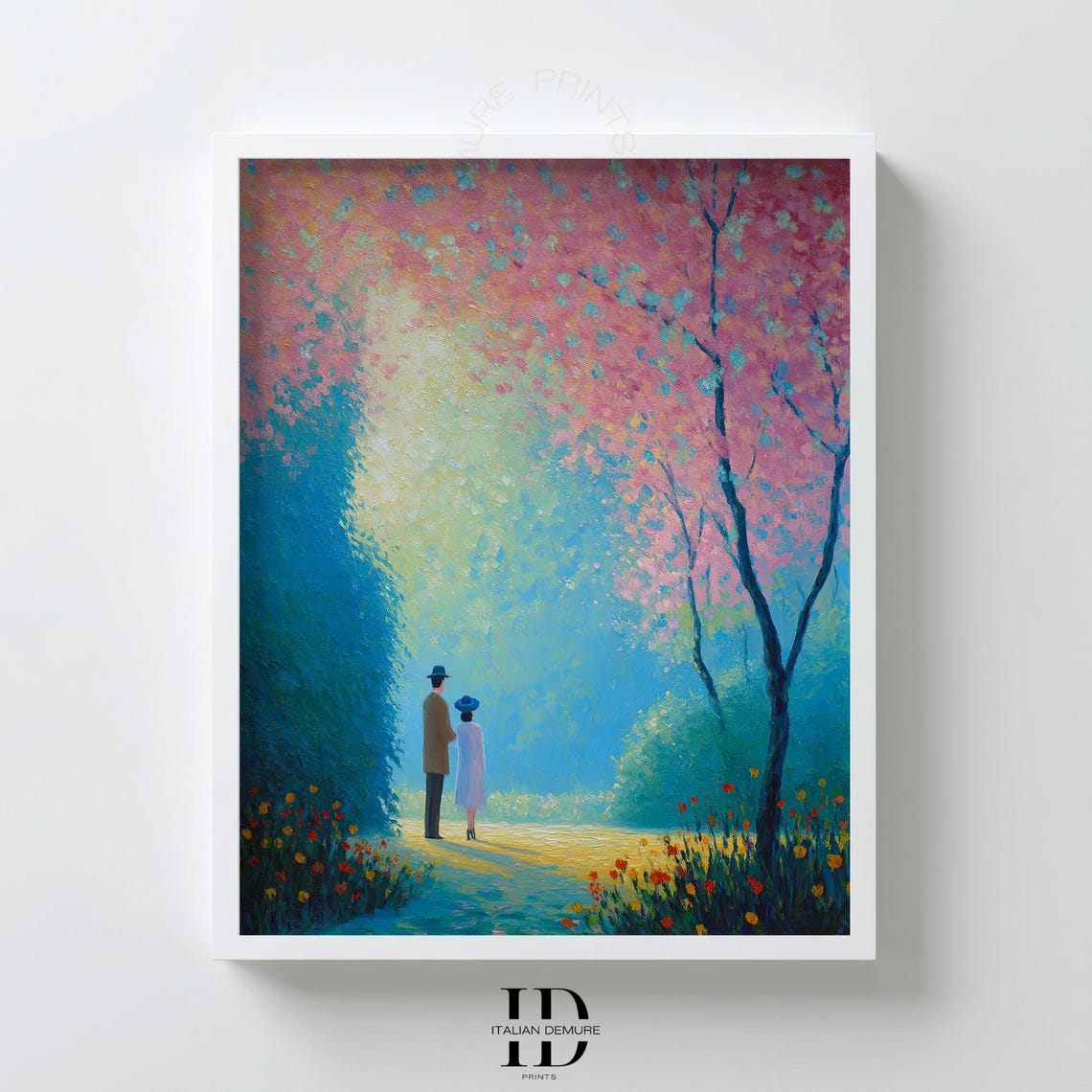 Romantic Couple Garden Path Blossom Trees Spring Painting Art Poster