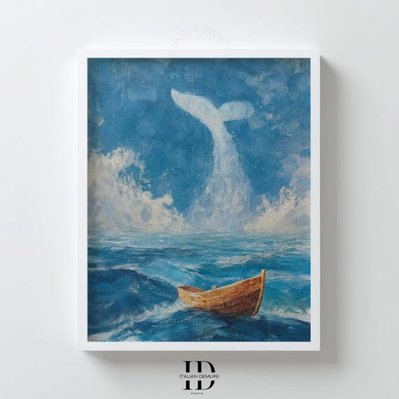 Whale Cloud Wall Art Nautical Ocean Print Wooden Rowboat Painting Surreal Blue Sea Poster Dreamy Coastal Decor