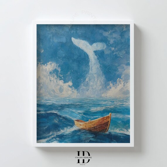 Whale Tail Diving Above a Wooden Rowboat Surreal Ocean Art Poster