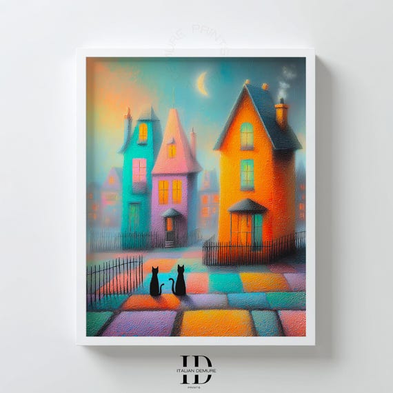 Whimsical Cats In Colorful Village Pastel Night Cityscape Print Dreamy Fairy Tale Houses Modern Nursery Wall Art Poster