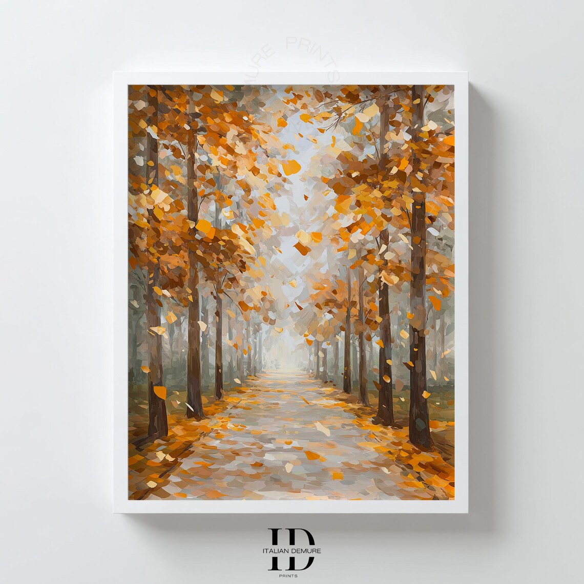 Autumn Forest Path Wall Art Impressionist Fall Landscape Print Warm Orange Tree Avenue Minimalist Neutral Decor Poster