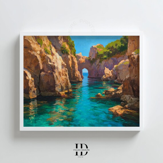 Rocky Coastal Cove Turquoise Water Natural Arch Painterly Seascape Art Poster