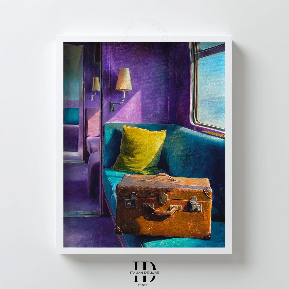 Vintage Train Compartment Travel Painting Leather Suitcase Retro Poster