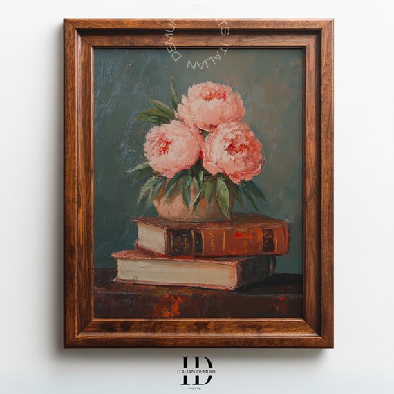 Pink Peonies On Antique Books Vintage Floral Still Life Oil Painting Poster