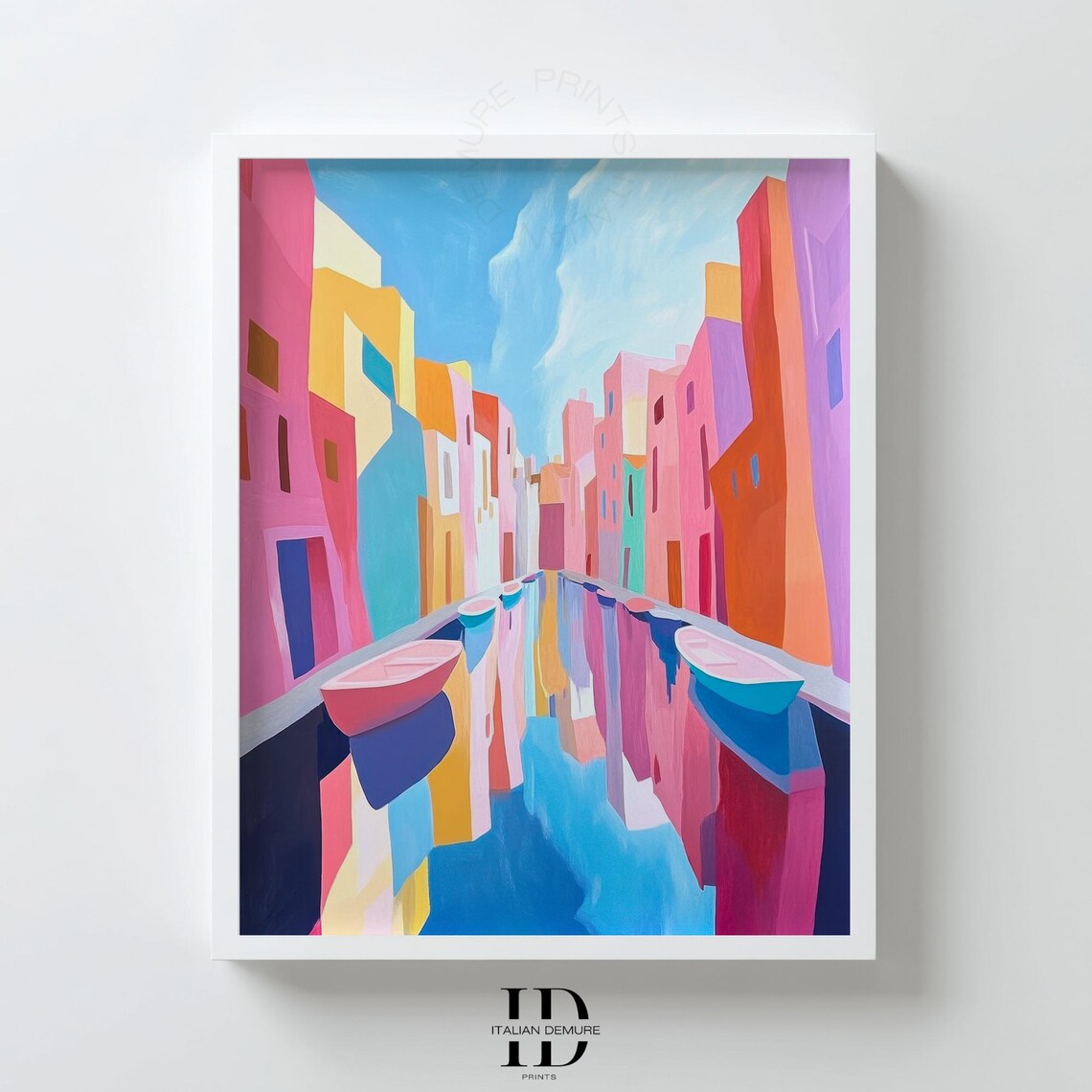 Colorful Burano Canal Wall Art Print Vibrant Italy Coastal Town Painting Modern Abstract Boats Buildings Jpg