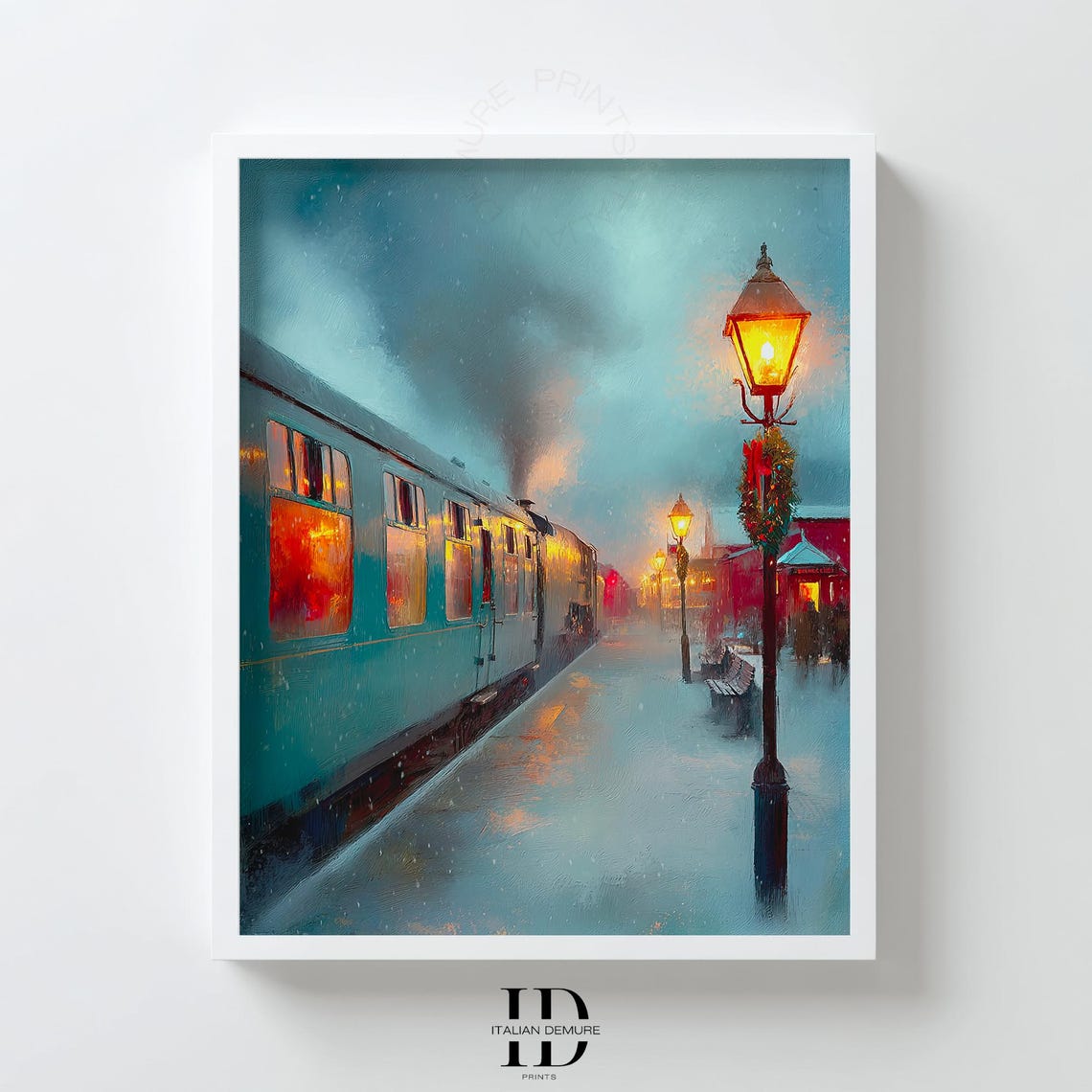 Vintage Train Station Rainy Night Lamp Wreath Cozy Winter Wall Poster