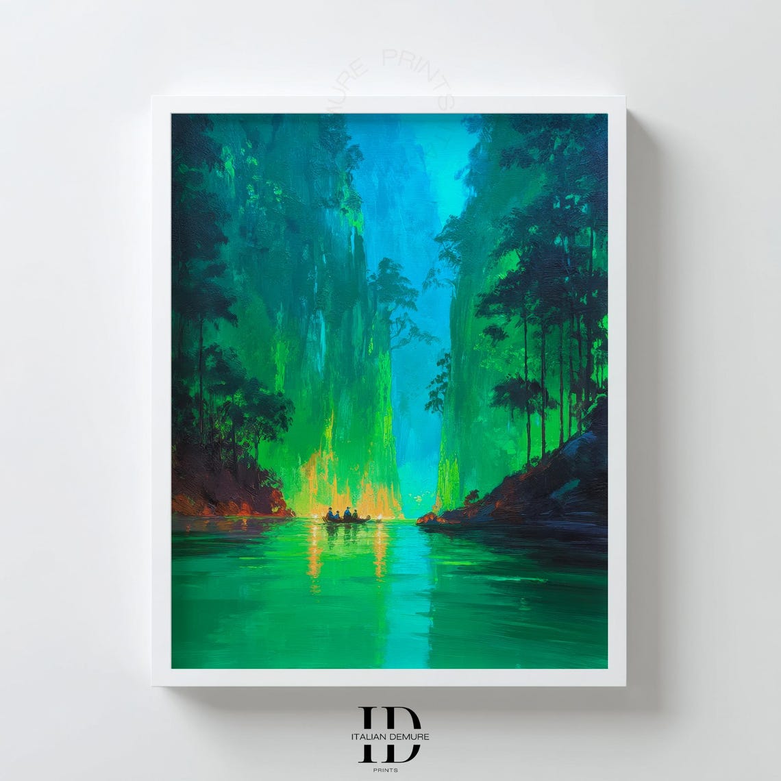 Emerald Jungle River Canyon Glow Mystical Tropical Painting Poster
