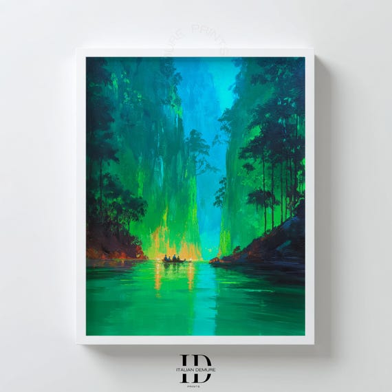 Emerald Jungle River Wall Art Tropical Nature Landscape Print Lush Forest Lake Painting Green Teal Poster
