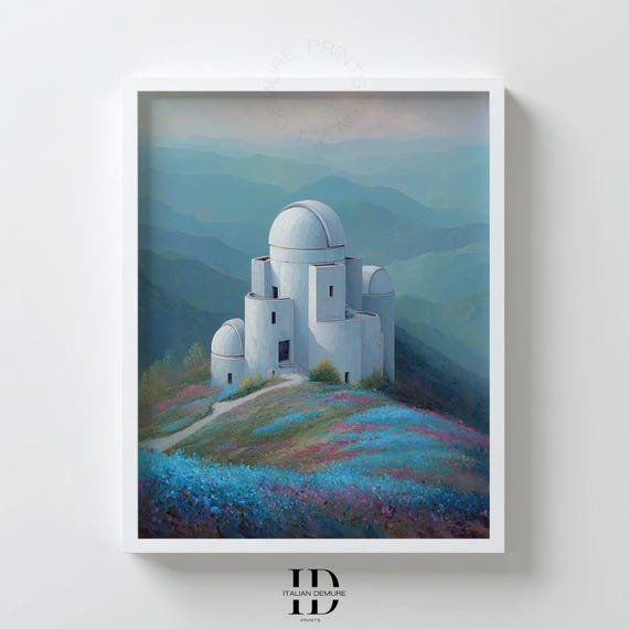 Mountain Observatory Wall Art Dreamy Landscape Print Modern Astronomy Decor Dome Architecture Serene Blue Poster