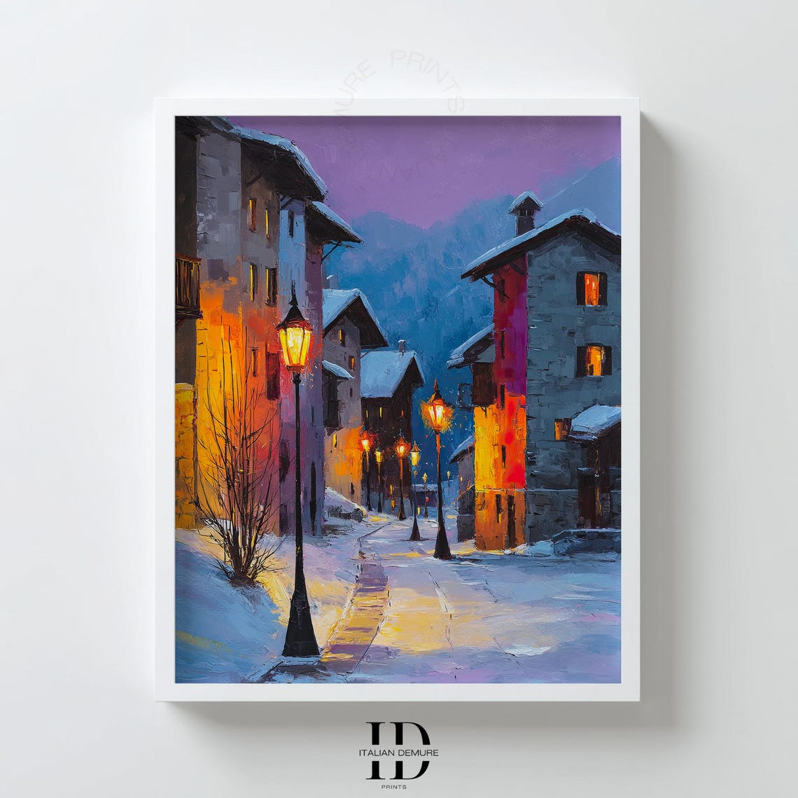 Snowy Village Wall Art Winter Street Night Scene Print Cozy European Town Poster Purple Twilight Painting Holiday Decor