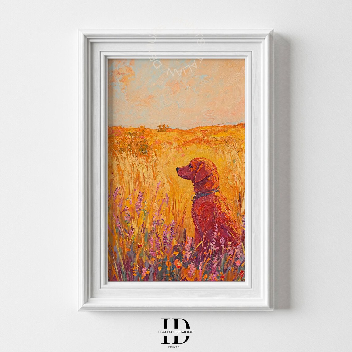 Golden Retriever in Golden Wheat Field Warm Sunset Impressionist Dog Painting Poster
