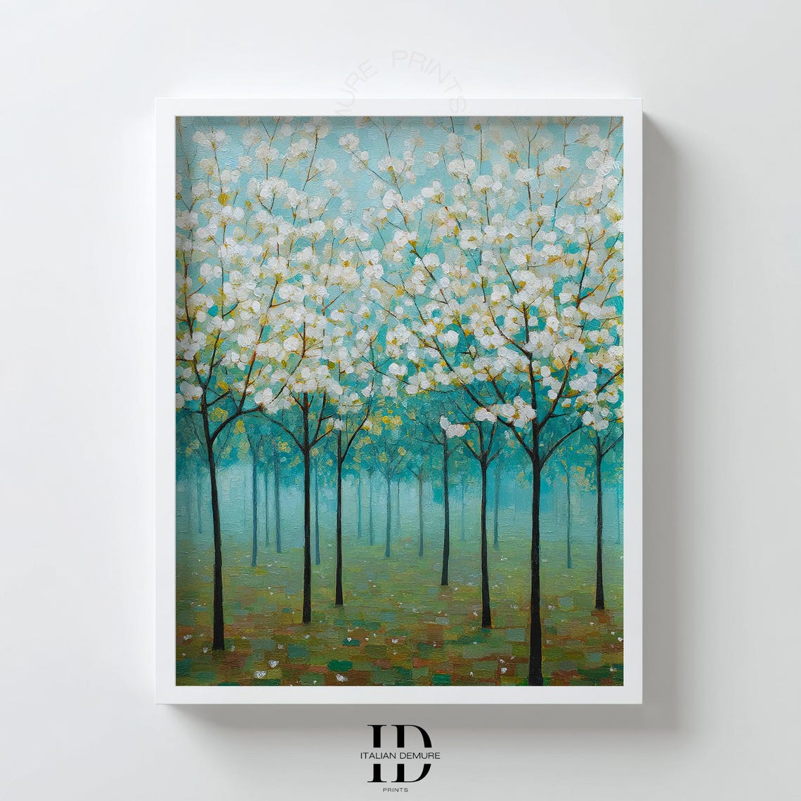 Serene White Blossom Trees Turquoise Spring Forest Painting Poster