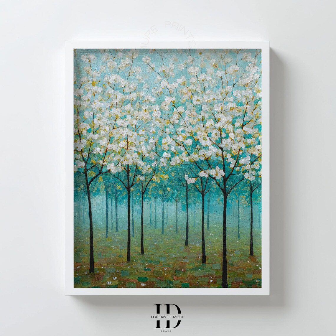 White Blossom Tree Wall Art Floral Forest Painting Turquoise Spring Landscape Botanical Home Decor Poster