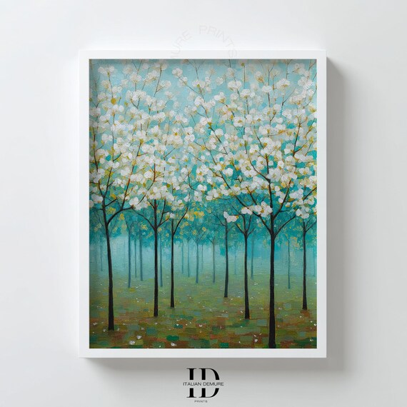 White Blossom Tree Wall Art Floral Forest Painting Turquoise Spring Landscape Botanical Home Decor Poster