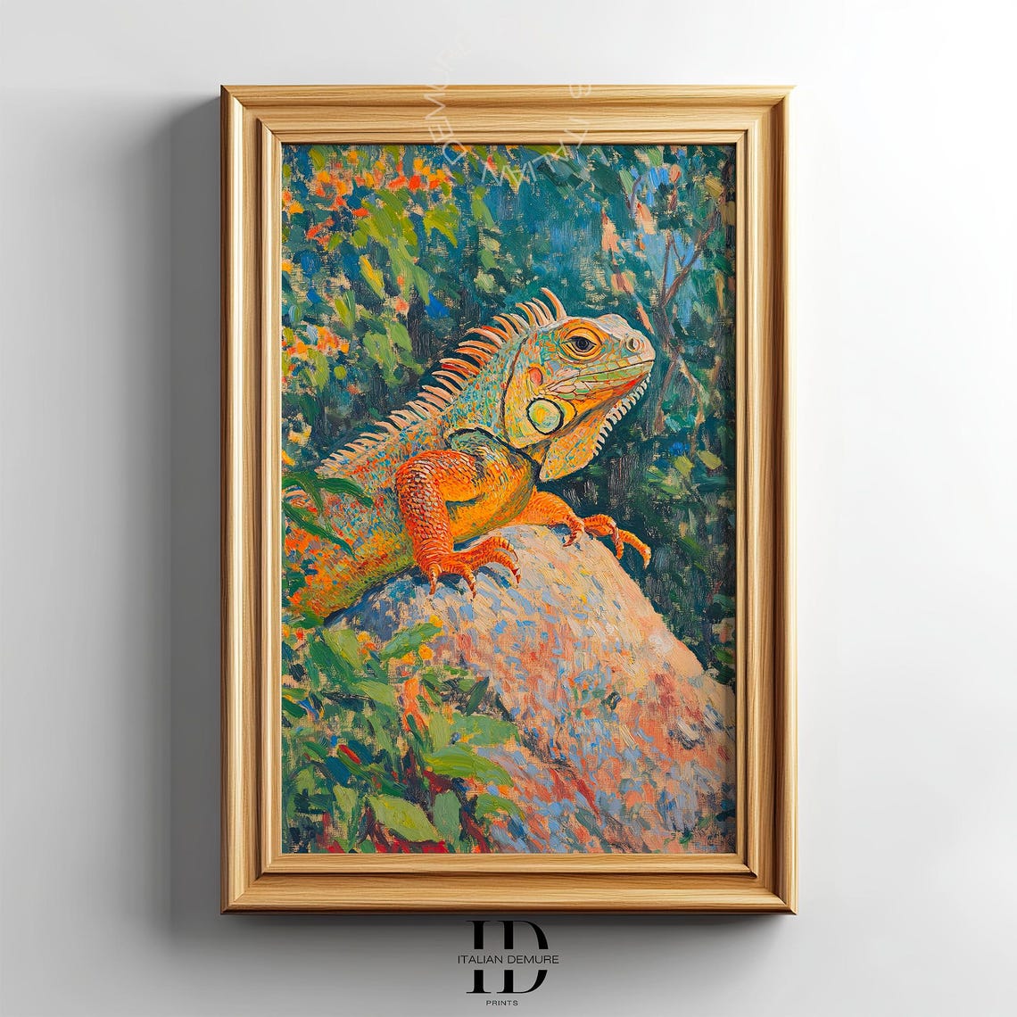 Green Iguana on a Rock in Lush Jungle Impressionist Oil Art Poster
