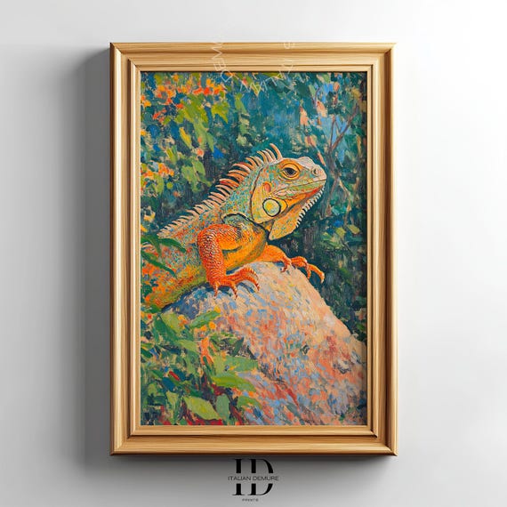 Colorful Iguana Wall Art Tropical Jungle Print Reptile Painting Nature Decor Exotic Lizard Instant