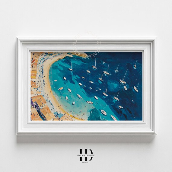 Aerial View of a Beach Bay with Sailboats Turquoise Sea Art Poster