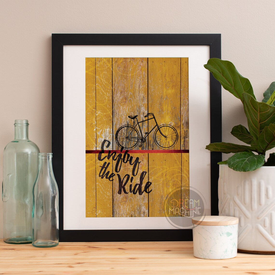 Enjoy the Ride Bicycle on Distressed Yellow Wood Plank Poster
