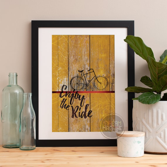 Enjoy the Ride Bicycle on Distressed Yellow Wood Plank Poster