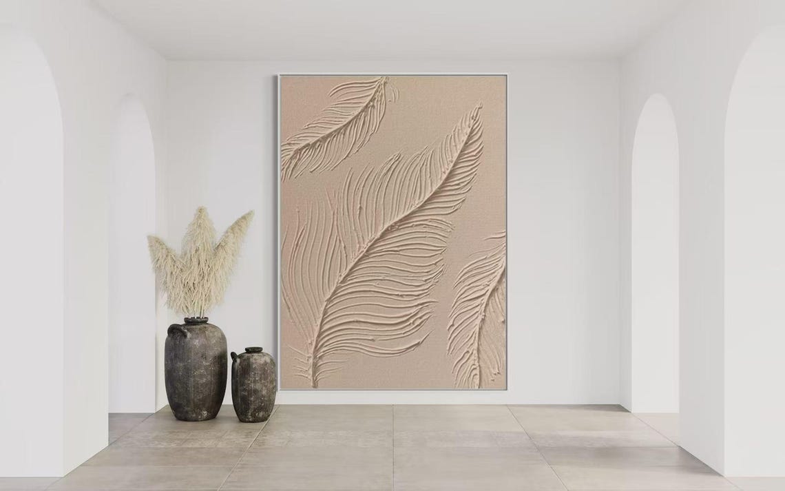 Brown Carved Leaf Relief on Warm Tan Textured Botanical Art Poster - Image 2