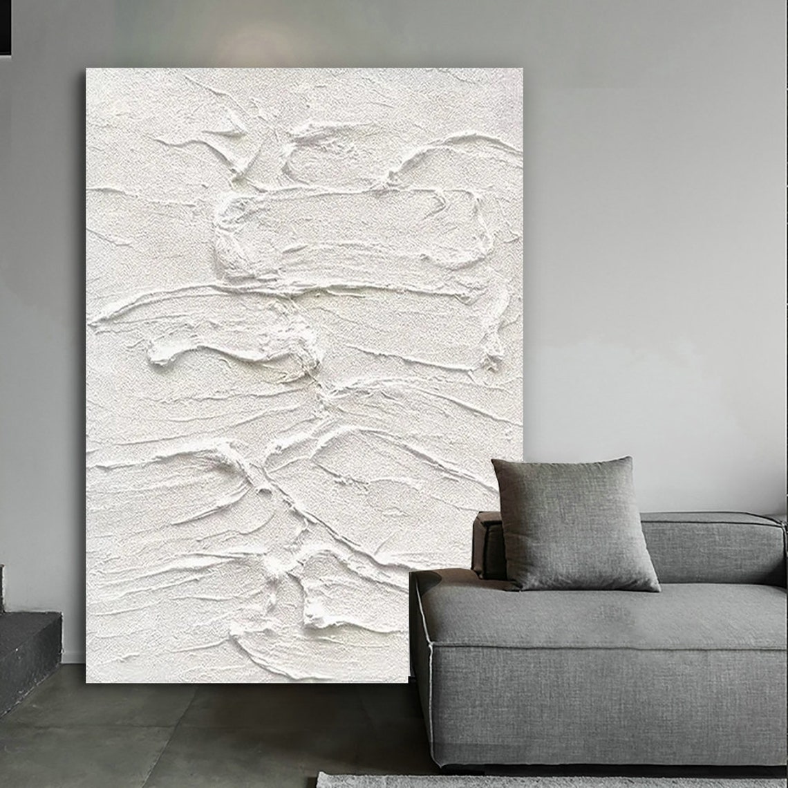 All White Wavy Strokes Textured Vertical Abstract Minimalist Wall Art - Image 3