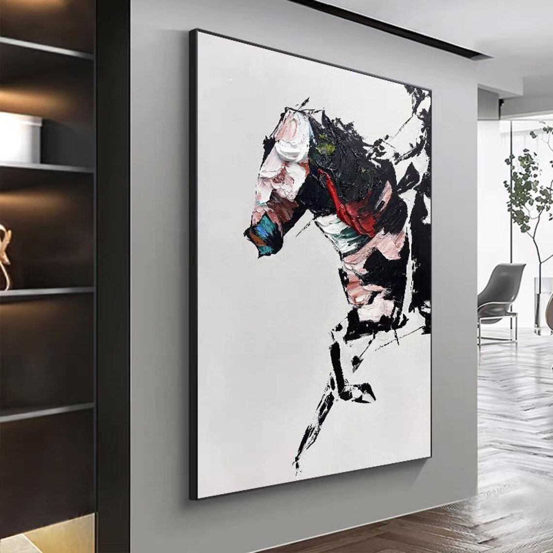 Black White Horse Portrait Textured Modern Animal Painting Art Poster - Image 3