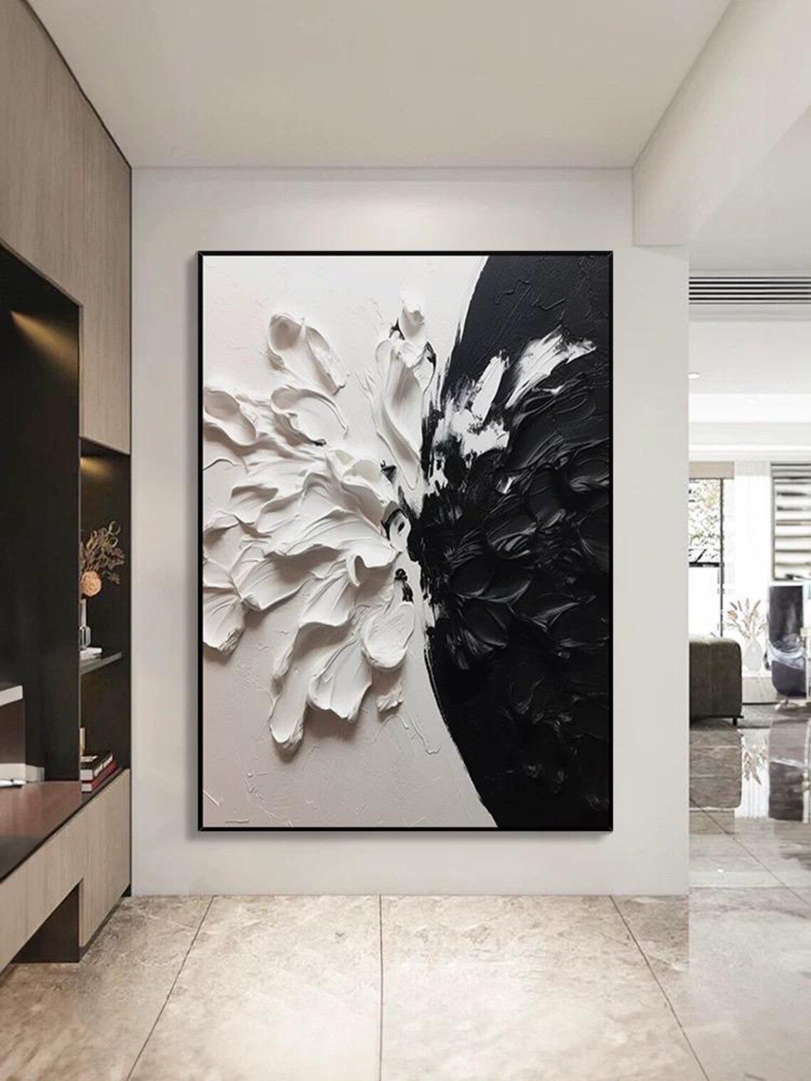 White Flower Against Black Abstract Mass Textured Floral Art Poster - Image 3