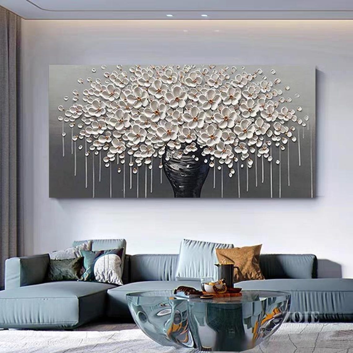 Black Vase With White Flowers Textured Floral Modern Painting Poster - Image 2