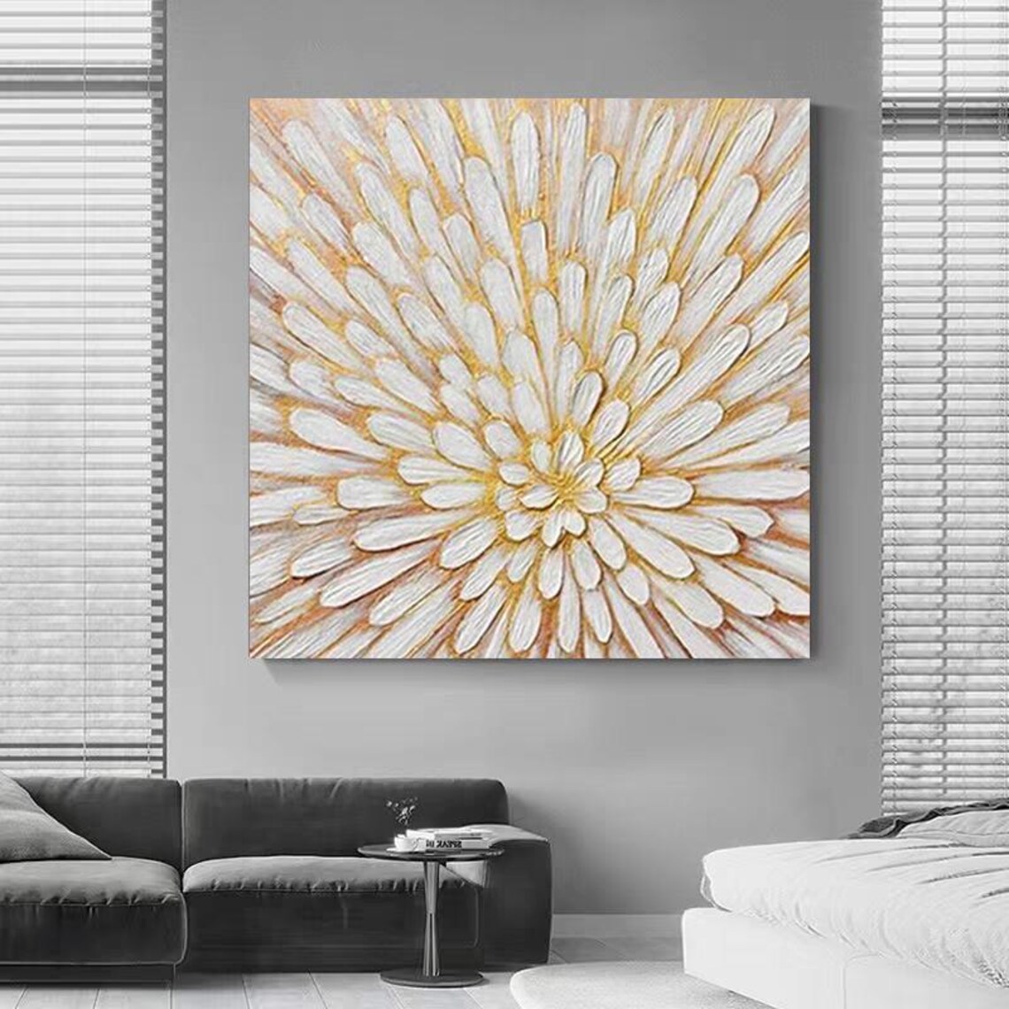 Yellow White Spray Petals Art Large Square Painting Thick Textured Oil Painting Light Tone Acrylic Painting For Home Wall Decor - Image 3