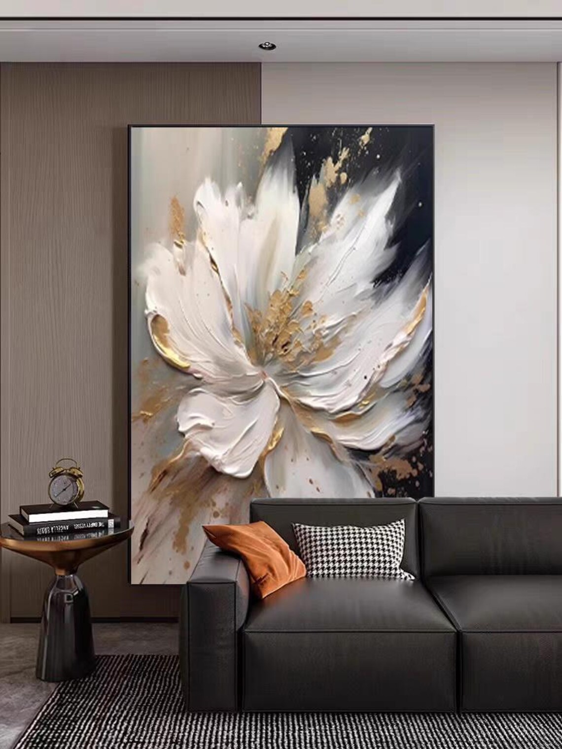 White and Gold Flower on Black Background Textured Floral Poster - Image 2